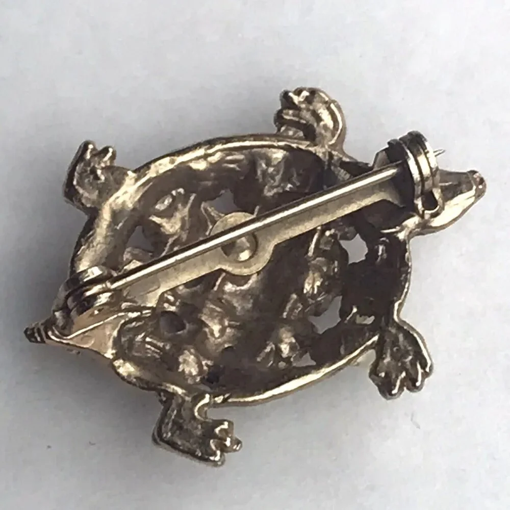 Turtle Fancy Multi Color Jeweled Brooch Pin Vintage Gold Tone